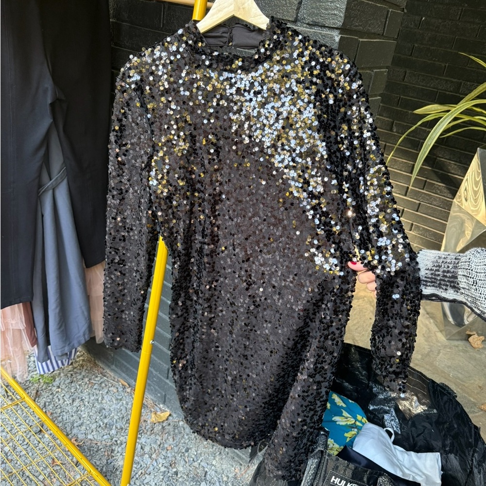 H&M Open Back Black Sequin Long Sleeve Dress